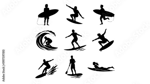 Surfing Silhouette Set Ocean Wave Surfer Action Collection Black Vector,PNG transparent background.