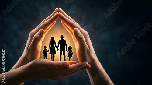 Hands forming a roof over a family silhouette with a warm light behind conveying a sense of safeguarding and love