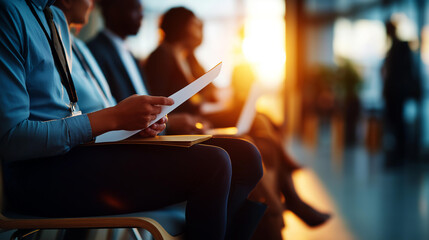 Cinematic wide view of a row of softly defocused silhouetted figures seated on chairs waiting in a bright office corridor holding resumes and laptops, job seekers, waiting room