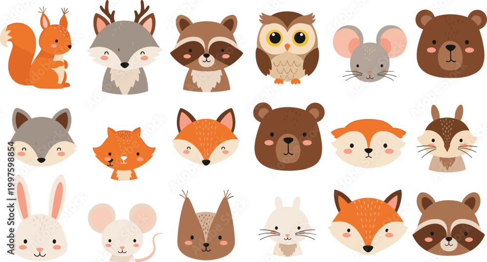 Obraz premium Large collection of cute cartoon woodland forest animal face vector set featuring fox, bear, owl, raccoon, squirrel, rabbit, and mouse for kids stickers and nursery decor.