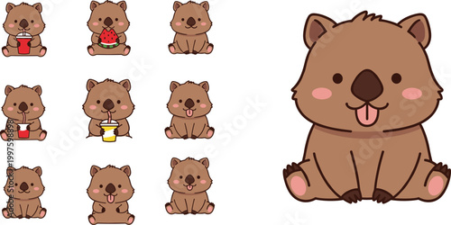 Cute brown wombat character vector set featuring various happy expressions and activities like drinking soda, eating watermelon, and sticking out tongue for children's stickers.