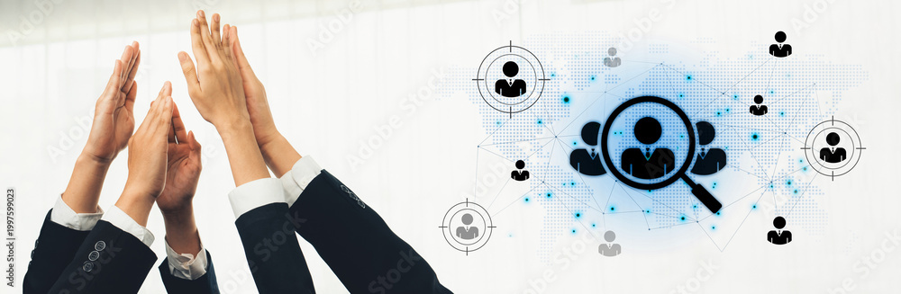 Obraz premium Concept of global talent acquisition and human resources. The process of headhunting and searching for qualified candidates worldwide to build a professional corporate workforce. Fermion