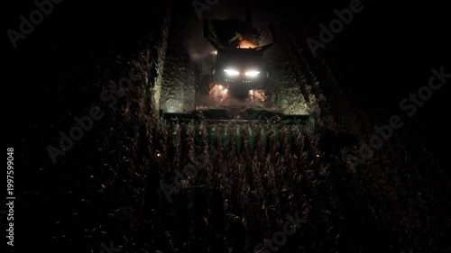 Gleaning - aerial video of a combine harvesting corn at night