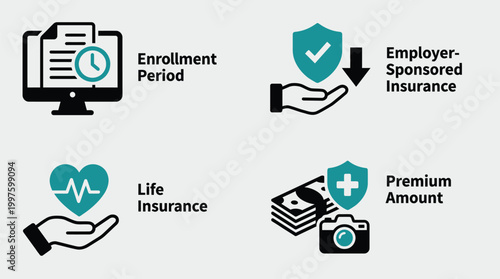 Insurance enrollment and benefits icons Vector