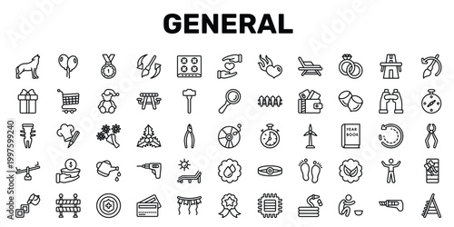 general outline icon set featuring chef hat with a pencil, mistletoe leaves, watering can with water drops, stepladder icons.