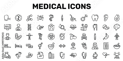 medical icons outline icon set featuring sticking plaster, health crutches, electrocardiogram report, emergency light icons.