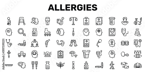 allergies outline icon set featuring broken hand, knee, peace of mind, mollusc icons.