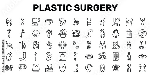 plastic surgery outline icon set featuring drip, ventilator, pike pole, augmentation icons.