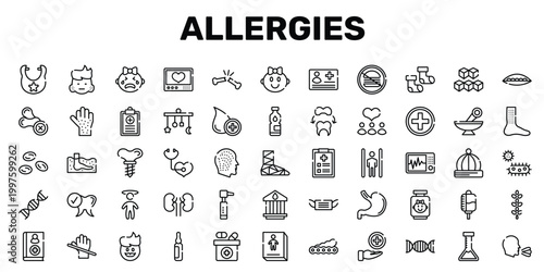 allergies outline icon set featuring thalassotherapy, medical checkup, dizzy, sneeze icons.