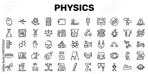 physics outline icon set featuring chemical bond, anthropology, liver, black hole icons.