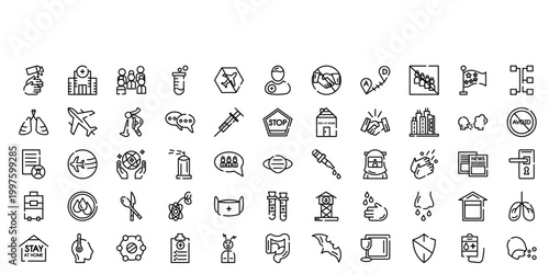 outline icon set featuring travelling, spray, cutlery, cough icons.