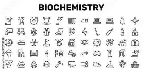 biochemistry outline icon set featuring rearview mirror, golf field, crib, kindergarten icons.