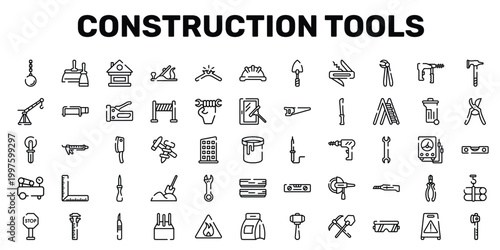 construction tools outline icon set featuring sealant, construction tools, null, wood cutter icons.