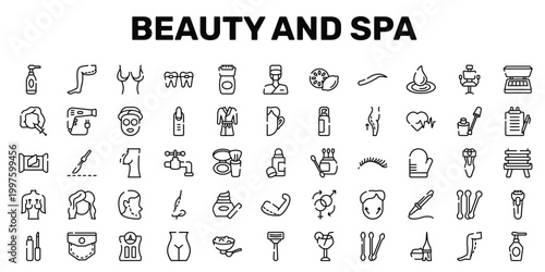 beauty and spa outline icon set featuring scalpel, faucet, implant, spray bottle icons.
