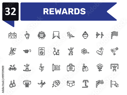 rewards outline icon set featuring tactic, catcher mask, powerbocking, red flag icons.