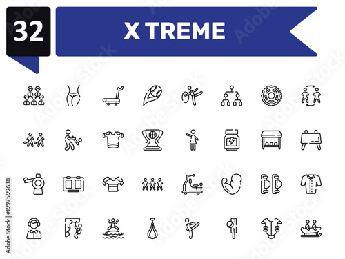 x treme outline icon set featuring baseball team, treadmill hine, hostess, bobsledding icons.