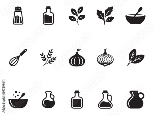 Cooking Ingredients Silhouette Icon Set - Kitchen Food and Seasoning Vector Symbols