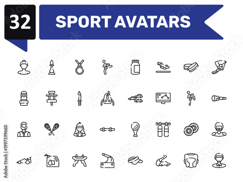 sport avatars outline icon set featuring null, nobel prize, apex, polo player icons.
