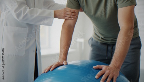 Quadro su tela A physical therapist provides guidance and assistance to a man performing rehabilitation exercises with a large blue stability ball in a medical clinic