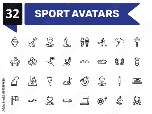 sport avatars outline icon set featuring dive computer, karateka, punching, fencer icons.