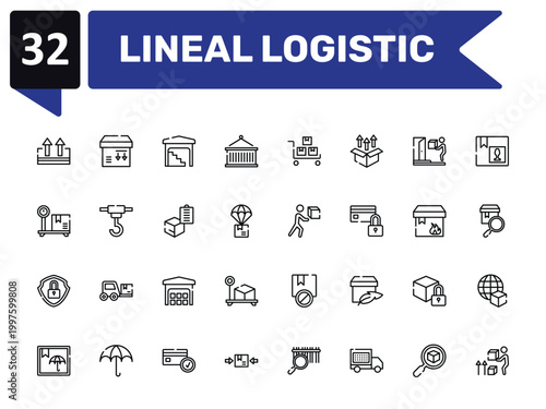 lineal logistic outline icon set featuring keep up, stack in depot, delivering box, lift up icons.