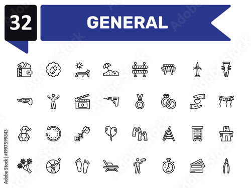 general outline icon set featuring card wallet, deck chair under the sun, win, nippers icons.