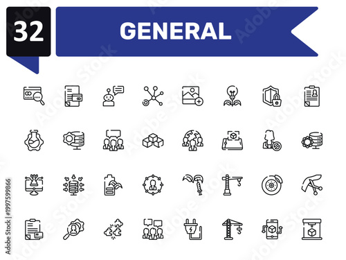 general outline icon set featuring credit score, chat bot, team, 3d printing icons.