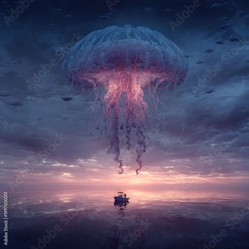 Giant jellyfish floating above a small boat on calm ocean waters during a serene purple and pink sunset with cloudy sky