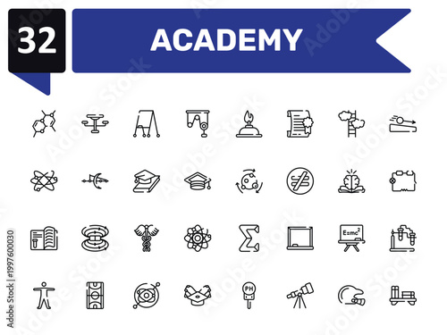 academy outline icon set featuring chemical bond, flipchart, metabolism, bookshelf icons.
