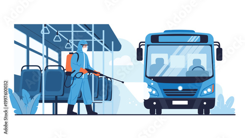 Health safety worker in a full protective suit disinfecting the interior and exterior of a blue public bus during a pandemic.