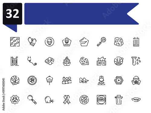 outline icon set featuring dermatitis, death, amoeba, lips icons.