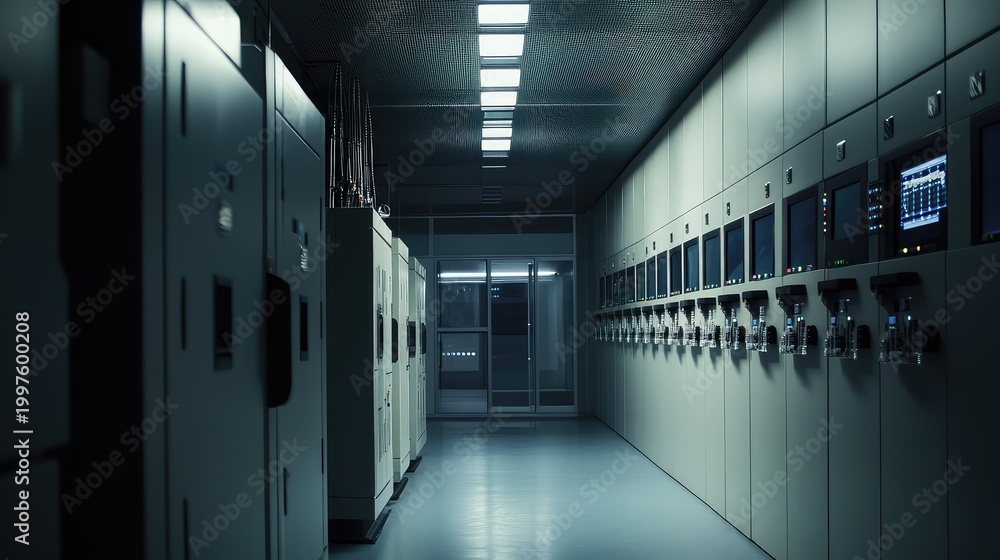 Fototapeta premium Server room aisle with rows of data processing racks