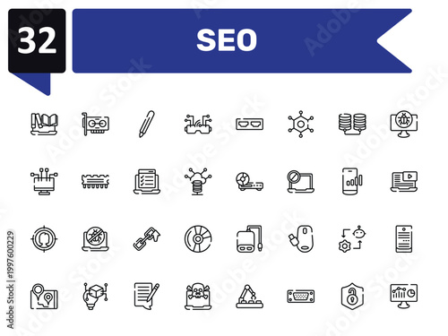 seo outline icon set featuring encyclopedia, digital pen, woofers, web analytics icons.