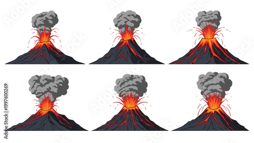 Sequence showing the different stages of a volcanic eruption with smoke, lava flows, and explosions from a large mountain cone.