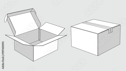 Simple line drawings of a cardboard delivery box shown in both open and closed positions against a neutral gray background.