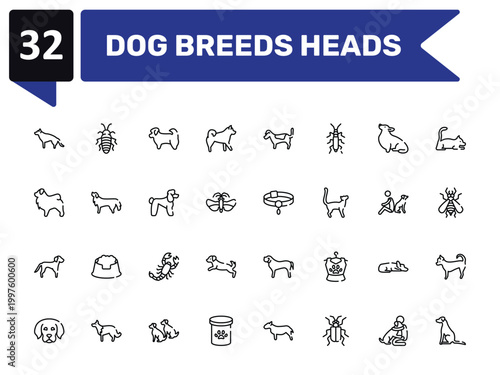 dog breeds heads outline icon set featuring german sheperd, shih tzu, pet collar, pointer dog icons.