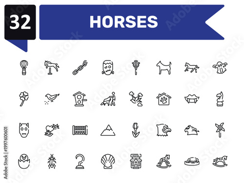 horses outline icon set featuring hot air balloon, chains, null, rocker horse icons.