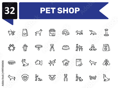 pet shop outline icon set featuring guide dog, great dane, water bowl, sitting dog icons.