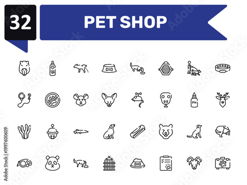pet shop outline icon set featuring capybara head, dog urinating, toy mouse, pet first aid icons.