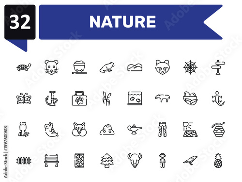 nature outline icon set featuring tortoise, wagon, aquarium, pine icons.