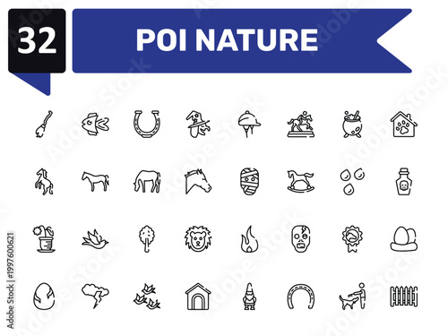 poi nature outline icon set featuring broom, horseshoe, mummy, garden fence icons.