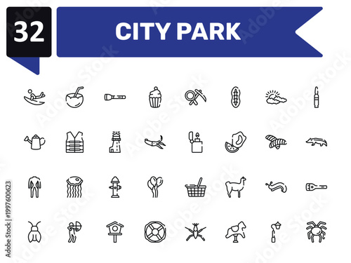 city park outline icon set featuring surf, torch, lighter, null icons.