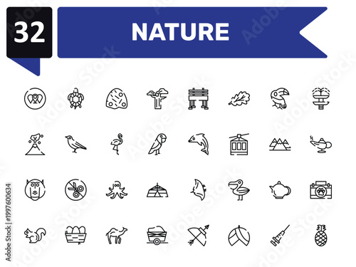 nature outline icon set featuring branches, anthill, dolphin, pine icons.