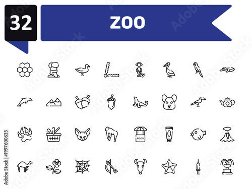 zoo outline icon set featuring moss, duck, sea lion, fountain icons.