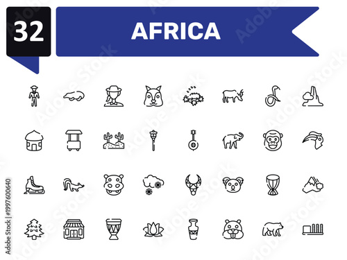 africa outline icon set featuring trainer, biologist, banjo, apartheid museum icons.