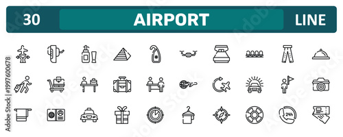 airport outline icon set featuring airplanes and arrows, waiting room, tourist guide, airplane flight ticket icons.