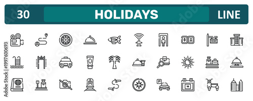 holidays outline icon set featuring camera recorder, toilets, null, modern hotel icons.