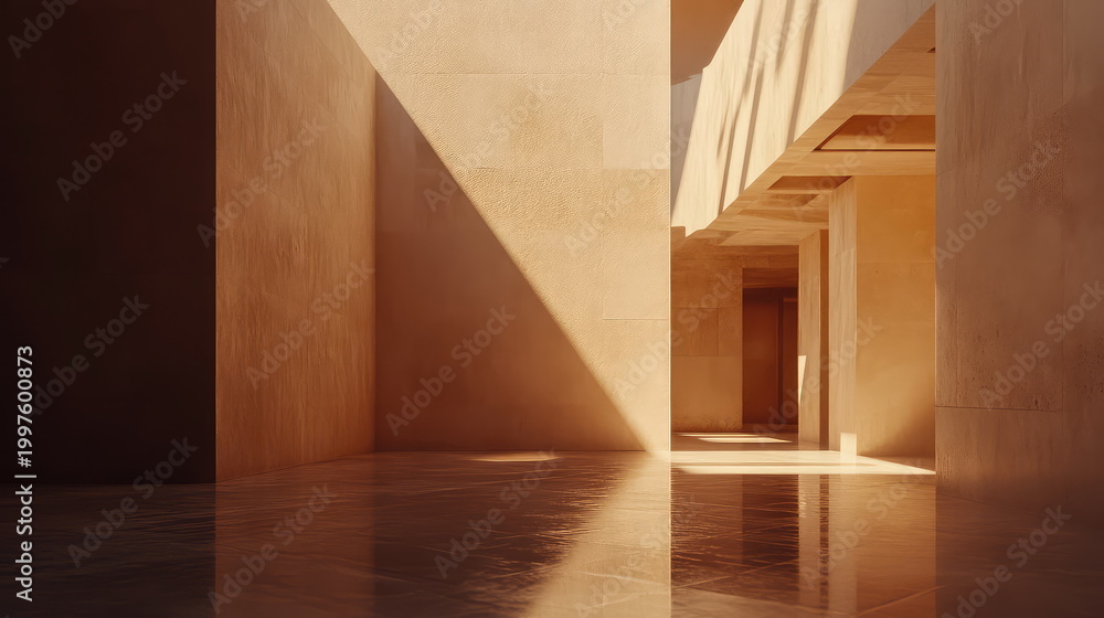 Obraz premium Modern building interior featuring minimalist architecture with clean lines and warm sunlight casting strong, geometric shadows across textured stone walls and a reflective floor