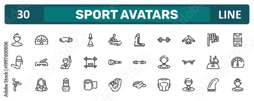 sport avatars outline icon set featuring null, hang gliding, rugby goal, gymnast icons.