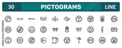 pictograms outline icon set featuring right bend, biological hazard, knife in sheath, no fishing icons.